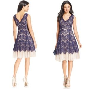 Betsey & Adam navy and nude lace overlay w tulle